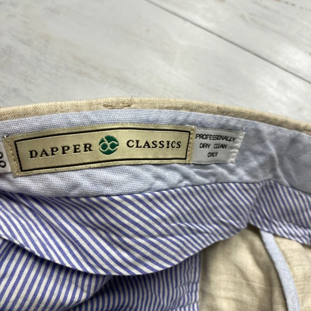 Dapper Classics Linen Trousers Mens 38 Beige Flat Front Cuffed Made in USA Pants